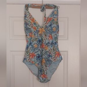 Aqua Rose Floral Halter One-Piece Swimsuit